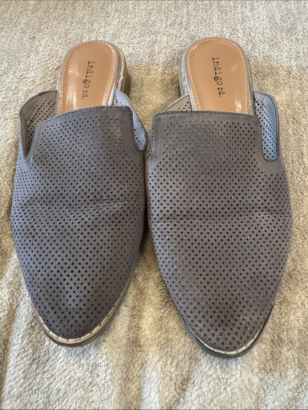 Indigo Suede Perforated Slip-On Mules in Gray